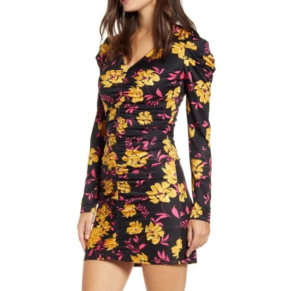 Wayf Fidella Purple and Yellow Bodycon Dress Long Puff Sleeves V-Neck Mini Dress - Picture 1 of 10